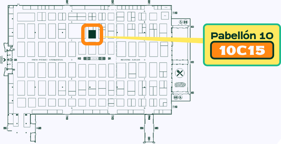 Plano del pabellón con la ubicación del stand resaltada y señalada como Pabellón 10, stand 10C15.