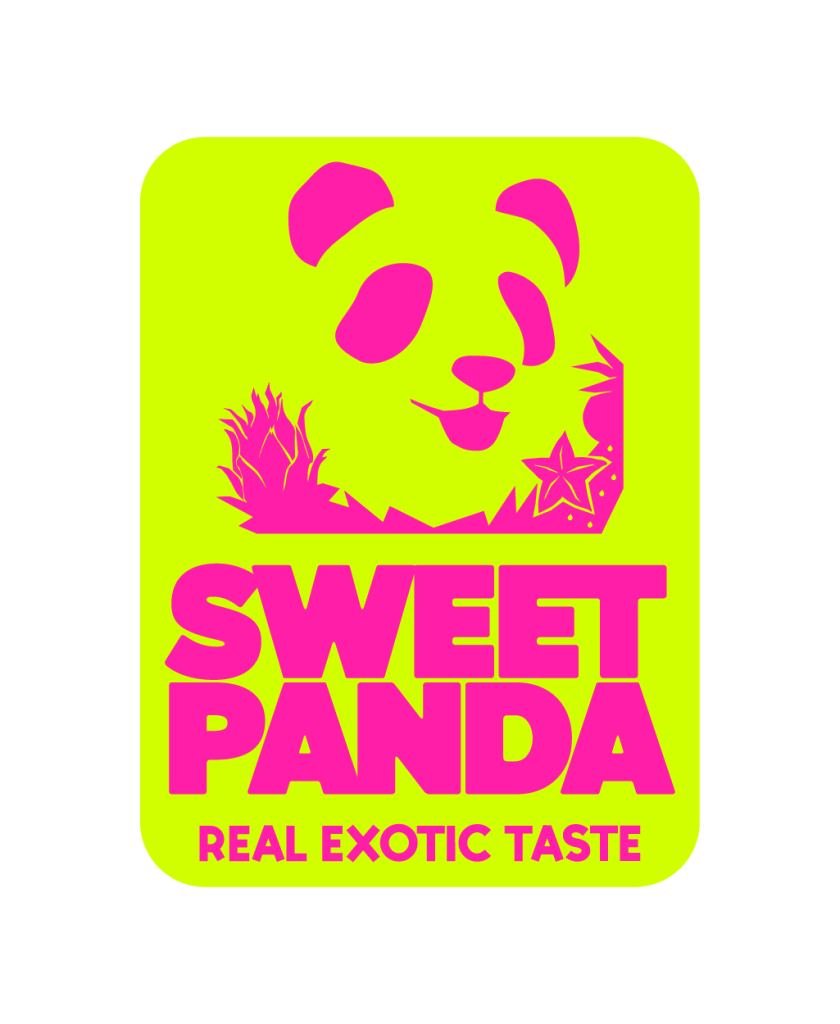 Logotipo de Sweet Panda en rosa sobre fondo verde lima, con el lema «Real Exotic Taste».