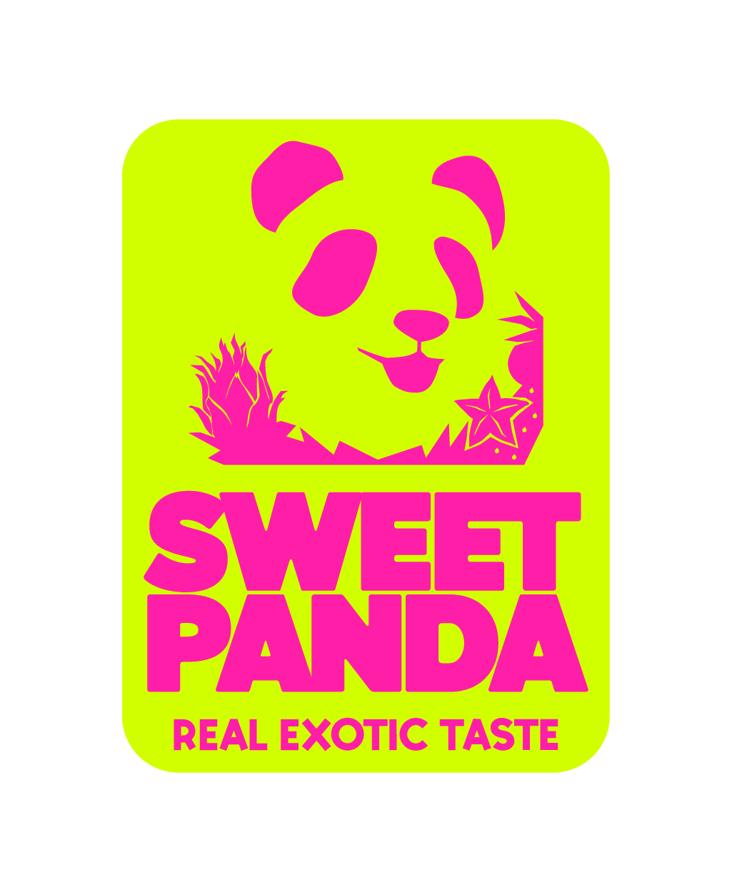 Logotipo de Sweet Panda en rosa sobre fondo verde lima, con el lema «Real Exotic Taste».