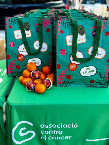 Bolsas reutilizables decoradas con ilustraciones de frutas y logotipos de marcas de Fruits Ràfols, colocadas sobre una mesa verde junto a mandarinas Llusar.