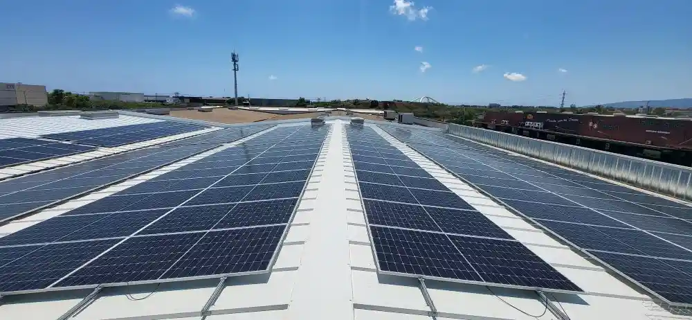 Filas de paneles solares fotovoltaicos instalados en una cubierta blanca, con cielo despejado al fondo.
