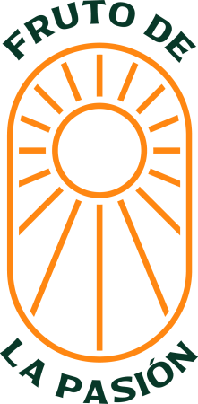 Emblema de Ràfols con un icono naranja de fruto y sol en el centro y el texto “Fruto de la pasión” en verde oscuro alrededor.