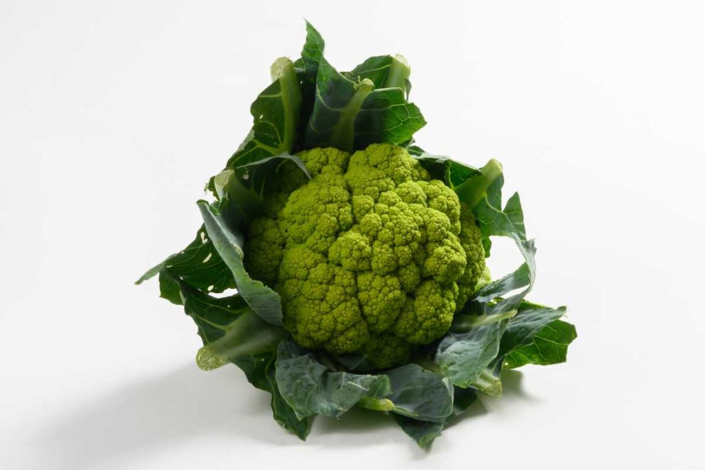 Coliflor verde con hojas verdes.