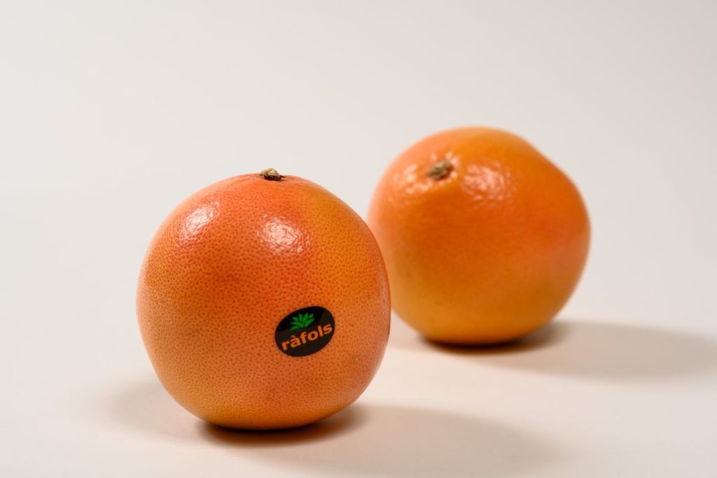Dos pomelos, uno con una etiqueta de Fruits Ràfols.