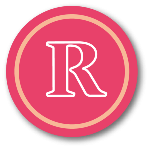 Icono circular de color rosa con doble borde en tonos rosa y salmón, que muestra la letra "R" de Ràfols en blanco centrada sobre un fondo rosa.